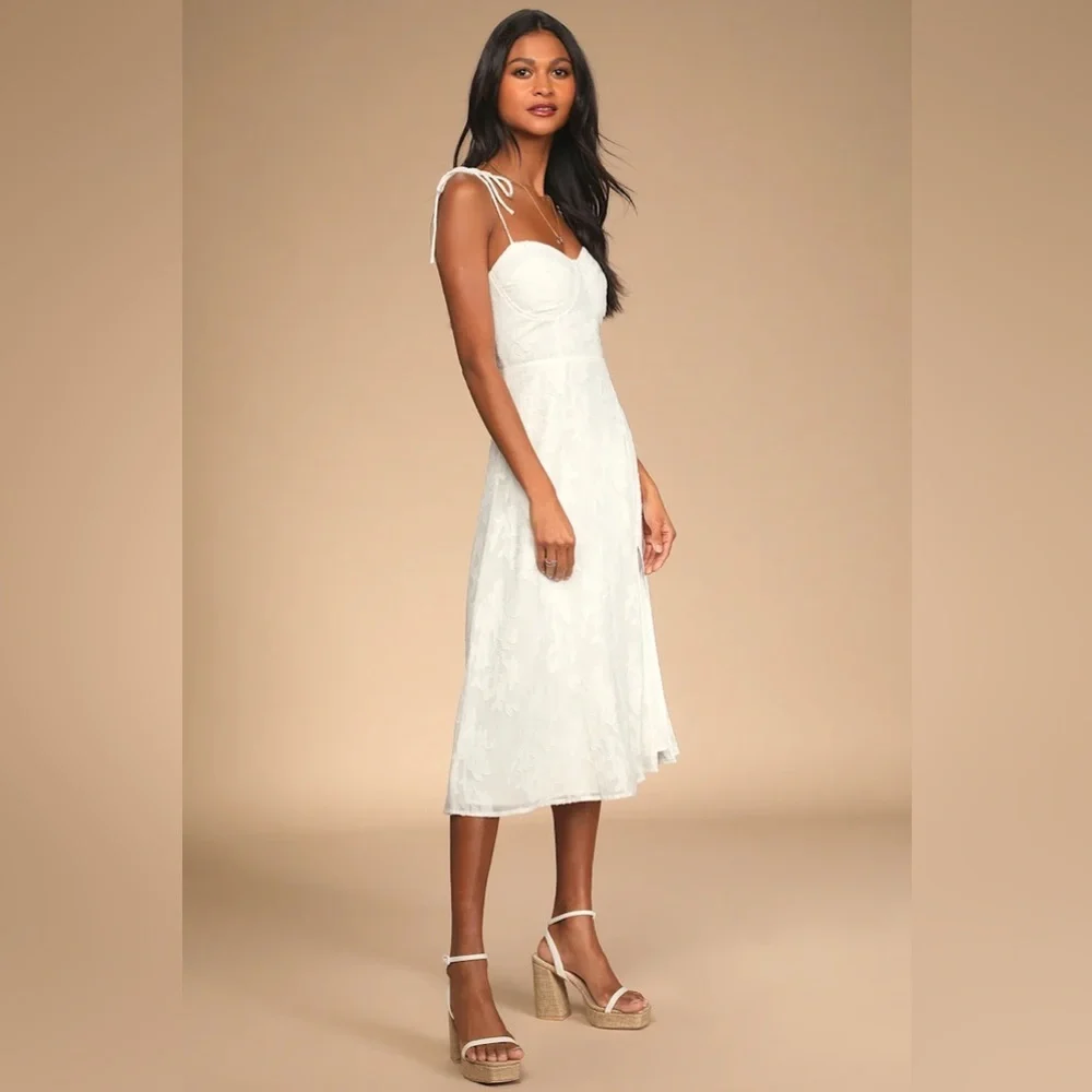 Lulus Loveliest Looks White Floral Jacquard Tie-Strap Midi Dress - Picture 3 of 8